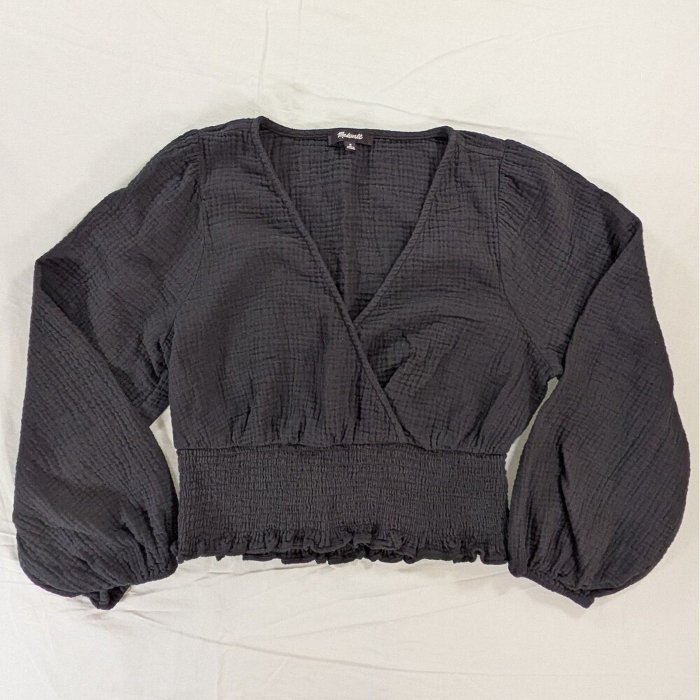 Madewell V-Neck Lightspun Julianne Wrap Blouse Elastic Waist Medium Black